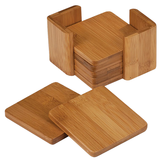 3 3/4" x 3 3/4" Bamboo Square 6-Coaster Set with Holder